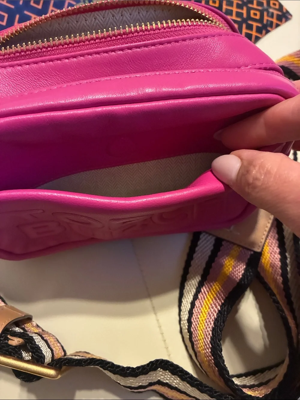 Tory Burch Fuchsia Embossed Leather Crossbody with Striped Web Strap